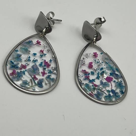 Boucles d'oreilles fantaisie transparente fleurs bleues et roses Eclatiris 2